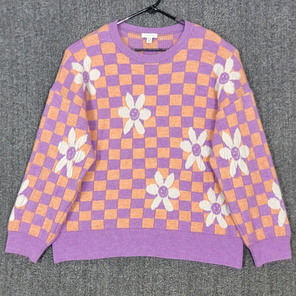 Topshop Sweater Womens 14 / XL Purple Floral Check Long Sleeve Crew Neck